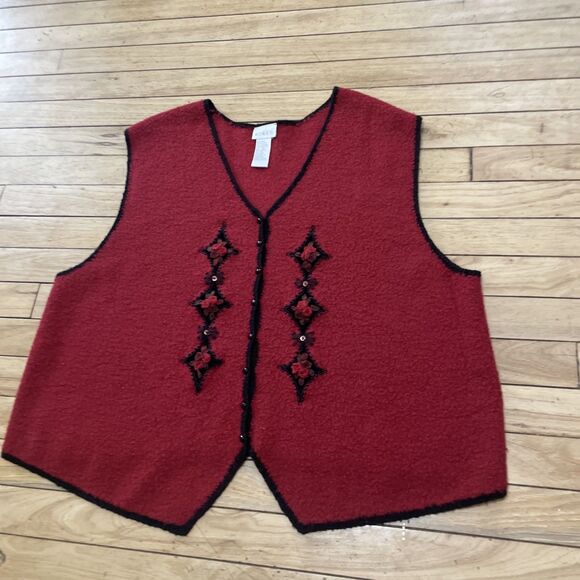 Koret Vtg 90s Wool Sweater Vest Women 2X Red 3D Art Floral Beaded Button Knit - Picture 16 of 16